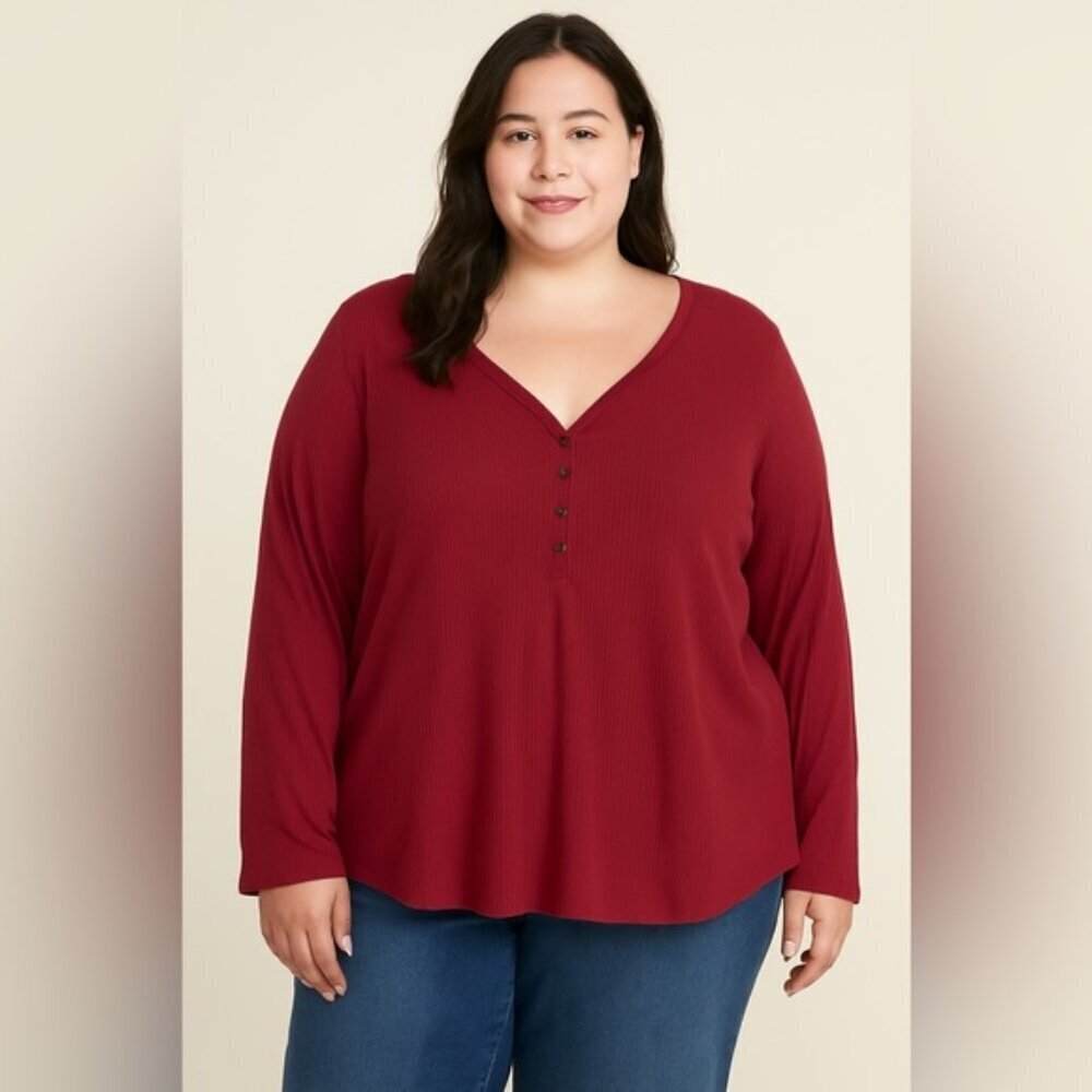 Old Navy Women’s Plus Size Burgundy Ribbed Long Sleeve Henley Top - 3X